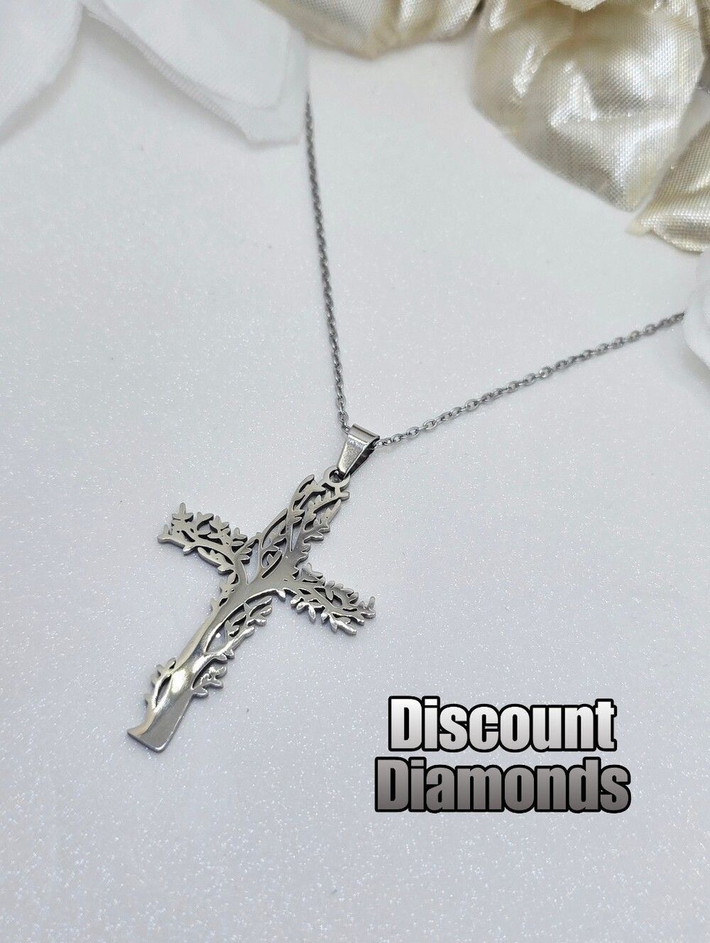 Choker Necklace Tree Of Life 18K White Gold Cross Titanium on 925 Silver